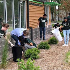 A team of volunteers picking up trash outside a building.