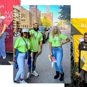 Collage of people posed in front of Regions signs. Red, green, and yellow shirts and banners and matching shirts in each.