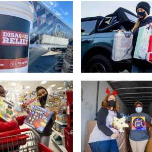 Collage of four photos: A bucket labeled 'disaster relief', a person unloading bags from a truck, two people in a store holding board games, and three people holding toys in the back of a trailer.