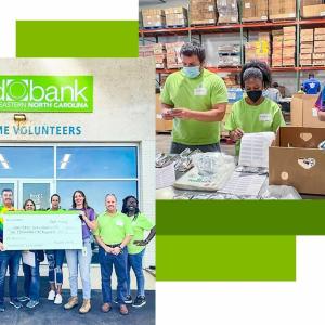 Collage of colunteers packing boxes with food and standing outside a food bank holding a large check