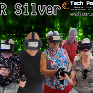 VR Silver Tech Pals vrsilver.org and five people using VR headsets and controllers.