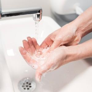 Hands being washed under a sink.