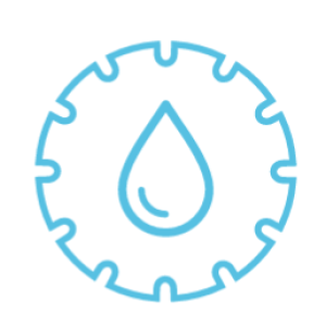 Blue line drawing of a water drop inside a gear.