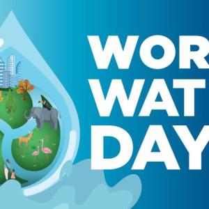 "World Water Day Mar 22" A drop of water with nature symbols inside.