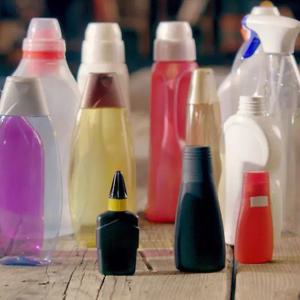 Many different unlabeled plastic containers.