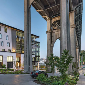 looking up from under a bridge