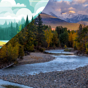 Scenic landscape with shallow river, forested area, and mountains in the distance. The corner is converted to a digital rendering.