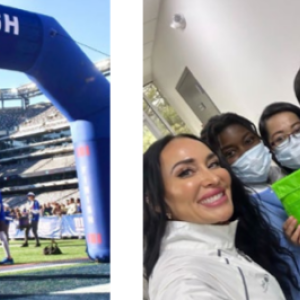 On the left a person crossing a finish line outside. On the right, people posed taking a selfie, some wearing medical masks.