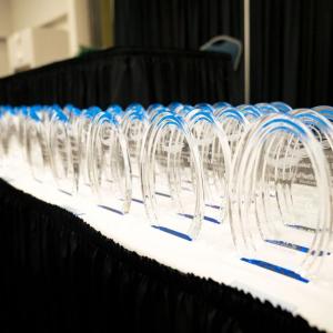 A table full of awards.