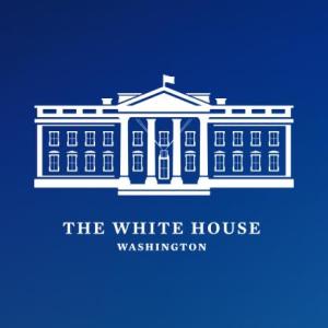 "The White House" and line sketch of the front of the white house in white on a blue bakground
