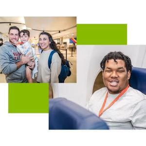 Collage of two photos: Two adults, one holding a child, in an airport, and a person sitting in an airplane seat.
