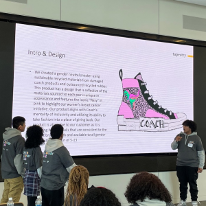 Four people in front of a large digital display, an audience looking on. "Intro & Design" and explination, a picture of a high-top sneaker with "Coach" on the sole.