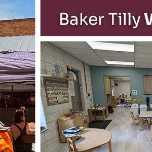 Collage of a child on an adults' shoulders, "Baker Tilly Wishes", and a room with low tables and toys.