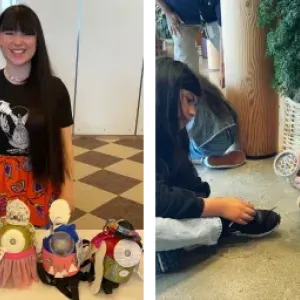 two photos, photo one is of Danielle Boyer stood behind some items they have created. Photo two is of Danielle Boyer showing a child how to make something out of craft supplies 