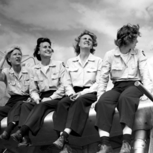 women pilots on wing of plane