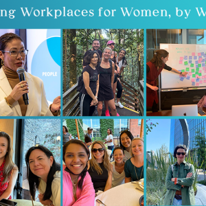 "Building Workplaces for Women, by Women" with collage of women