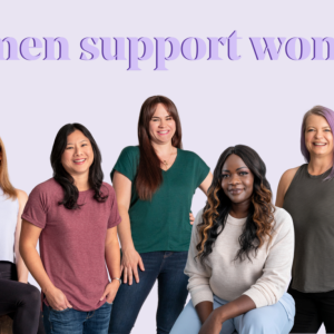 group of five women and "women support women" headline