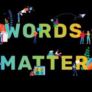 "Words Matter" in colorful letters and symbols on a black background.