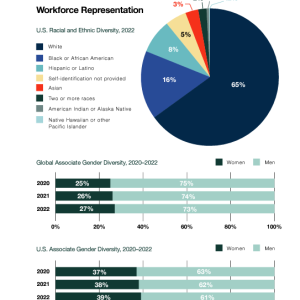Info Graphic "Workforce Representation" a pie chart with US Racial and Ethnic Diversity, and two bar graphs:  Global Associate Gender Diversity, 2020–2022, U.S. Associate Gender Diversity, 2020–2022.