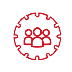 Red line drawing of a gear with three people inside.