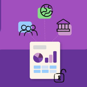 Purple Workiva logo showing globe, people, financial institution linked to a computer program.