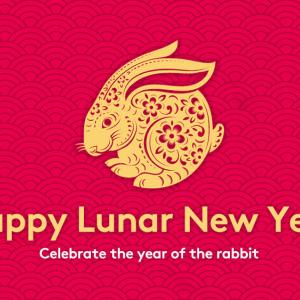 On a red background, a gold, intricately designed rabbit, and "Happy Lunar New Year Celebrate the year of the rabbit."