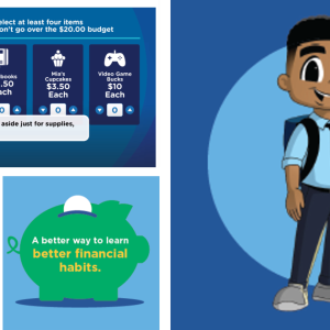 Collage of images. "Young bankers club" fifth third bank logo, a piggy bank, a digital drawn child waving with a back pack on, and "Club supplies" statistics.
