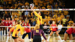 Argentina Ung sets the ball during a matchup against the University of Arizona in Desert Financial Arena on Oct. 9, 2024. Photo courtesy of ASU Knowledge Enterprise