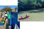 Collage of two images: Two people canoeing and picture of someone recycling