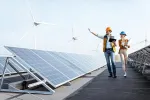 2 workers walk amongst solar panels and wind turbines