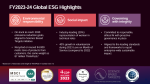 info graphic "FY2023-24 Global ESG Highlights." Three categories and points underneath.