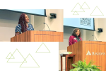 Collage including two separate speakers at a podium