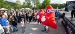 mascots with a crowd