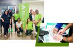 Collage: a group posing next to a Regions banner; three hands working together