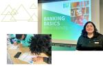 Collage: A person standing next to a screen "Banking Basics for students"; people filling out paperwork on a desk