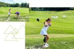 collage of Lulu playing golf