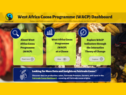 This graphic shows Fairtrade's West Africa Cocoa Program dashboard, an interactive tool that displays four years of data about cocoa farming.