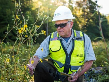 Duke Energy worker in hard hat examining flowering plant