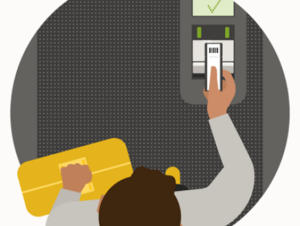 Top-down graphic depiction of a person using an ATM