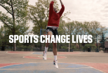 Sports Change Lives; Carmelo Anthony shooting a basketball.