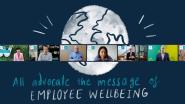 Collage of people in a virtual meeting over a rough sketch of the earth and "advocate the message of employee wellbeing."