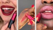 Three images of lipsticks being applied to lips and swatched on a hand.