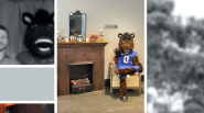 Buster Bronco shown seated in a chair next to a fireplace.