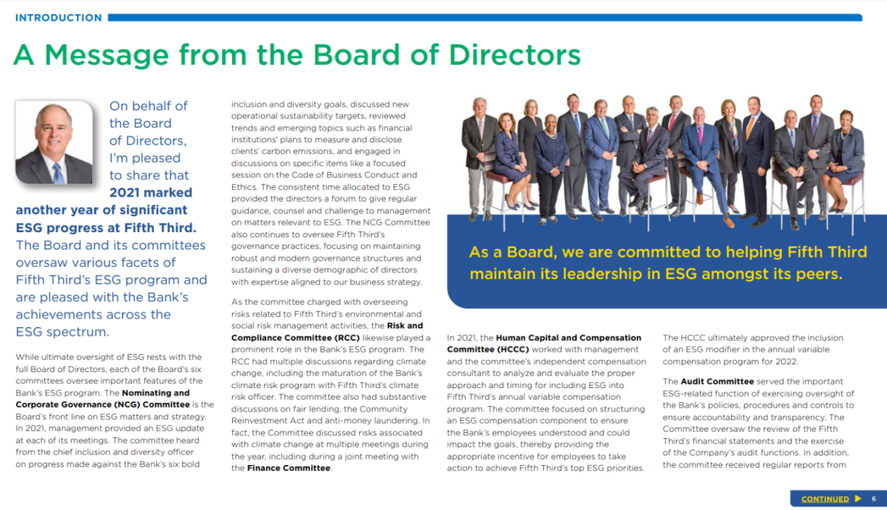 Fifth Third 2021 ESG Report Board of Directors Message