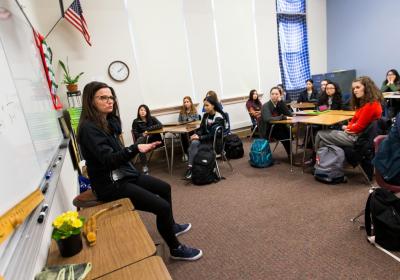 Microsoft CFO Amy Hood speaks to female students at Franklin High in Seattle on International Women’s Day, Thursday, March 8, 2018. (Photo by Dan DeLong)