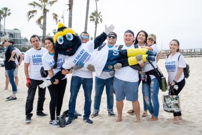 LA Galaxy mascot Cozmo and fans gather at Venice Beach for the LA Galaxy Foundation beach cleanup in partnership with Surfrider Foundation on June 22, 2019