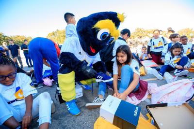 AEG’s LA Galaxy Foundation teams up with Shoes That Fit to provide brand new adidas shoes to 100 students at Catskill Elementary School in Carson, Calif on Friday, November 1, 2019.