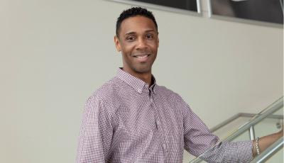 Ervin Poncho Eddie pauses briefly for a photo on a stairwell in Whirlpool Corporation’s North American Headquarters, Riverview Campus