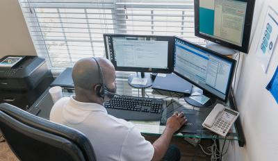 Weatherspoon's window-seat workstation overlooking his yard.