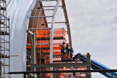 Workers at the Pueblo Chemical Agent-Destruction Pilot Plant erect the last of the inner ribbing for the sprung structure covering the first Static Detonation Chamber unit. Three SDC units will augment the main plant’s automated process of chemical neutralization followed by biotreatment to destroy problematic projectiles and 4.2-inch mortar rounds.